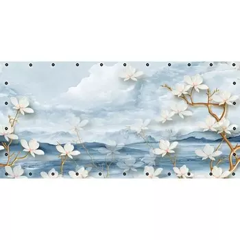 Фотосетка, 314 155 см, с фотопечатью, люверсы шаг 0.3 м, «Голубой пейзаж с магнолиями»