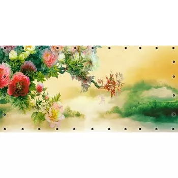 Фотосетка, 314 155 см, с фотопечатью, люверсы шаг 0.3 м, «Роскошные пионы»