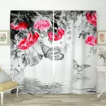 Фотошторы «Бабочки у воды чёрно-белые», размер 150х260 см-2 шт., габардин