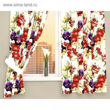 Фотошторы кухонные «Анютины глазки среди цветов», размер 145 х 160 см - 2 шт., габардин
