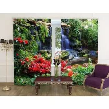 Фотошторы «Речка в лесу», ширина 150 см, высота 260 см-2 шт., шторная лента, габардин