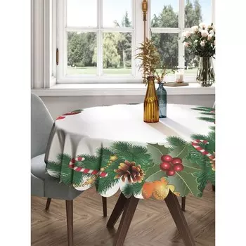 Скатерть на стол «Елочные украшения», круглая, сатен, d = 150 см