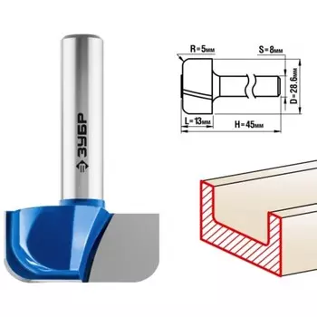 Фреза пазовая ЗУБР 28746-28.6, фасонная №7, R = 5 мм, 28.6 x 13 мм