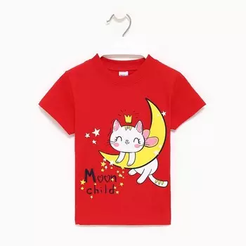 Футболка для девочки, цвет красный/кошка, рост 104 см