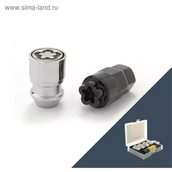 Гайка секретная M12x1,25, 36, конус, закрытая, хром, 4 шт +2 ключа, пластиковая коробка