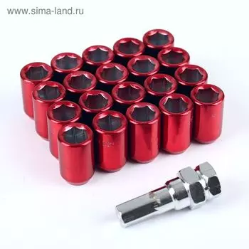 Гайки колёсные JN-302, 12х1.25, 32 мм, конус, набор 20 шт + ключ, красные