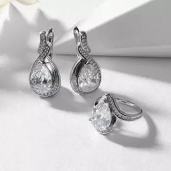 Гарнитур 2 предмета: серьги, кольцо, роскошь "Фианит" родирование, цвет белый, 17 размер