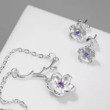 Гарнитур 2 предмета: серьги, кулон "Цветы", цвет фиолетовый в серебре, 38см