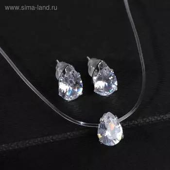 Гарнитур 2 предмета: серьги, кулон «На леске» капелька, цвет белый в серебре, 35см