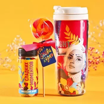 Гифтбокс «Расцветай»: драже 80 г., термостакан 350 мл., леденец 15 г.