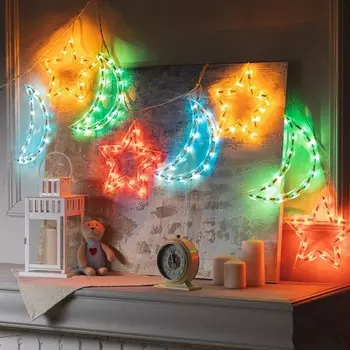 Гирлянда «Бахрома» 1.3 × 0.3 м с насадками «Звезда и месяц», IP20, белая нить, 120 ламп, свечение мульти, 8 режимов, 220 В