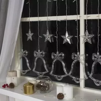 Гирлянда «Бахрома» 2.4 0.9 м с насадками «Колокольчики», IP20, прозрачная нить, 138 LED, свечение тёплое белое, 8 режимов, 220 В