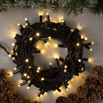 Гирлянда "Нить" 10 м , IP65, УМС, тёмная нить, 100 LED, свечение тёплое белое, мерцание белым, 220 В