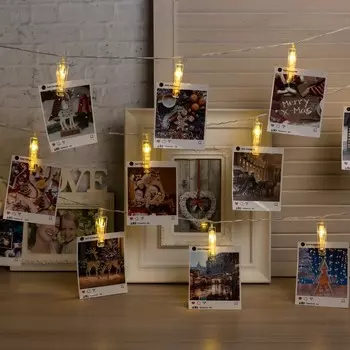 Гирлянда-нить, 4.5 м с насадками «Прищепки», IP20, прозрачная нить, 20 LED, свечение тёплое белое, 220 В