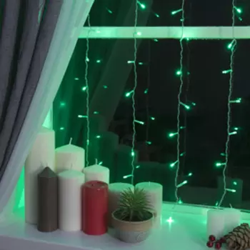 Гирлянда «Занавес» 1.5 1 м, IP20, прозрачная нить, 180 LED, свечение зелёное, 8 режимов, 220 В