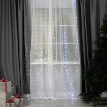 Гирлянда «Занавес» 2.8 3 м роса на крючках, с пультом, IP20, серебристая нить, 300 LED, свечение белое, 8 режимов, USB