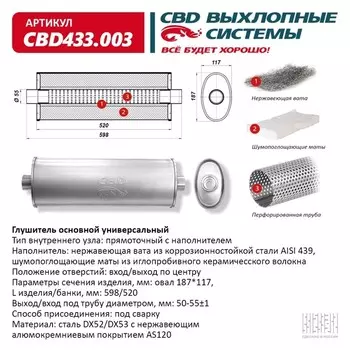 Глушитель основной, прямоточный CBD433.003, нерж. сталь, овал D187х117, L598/520