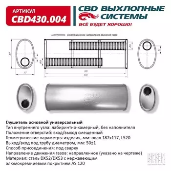 Глушитель основной универсальный CBD430.004, нерж. сталь, овал D187х117, L528, вход/выход смещенный