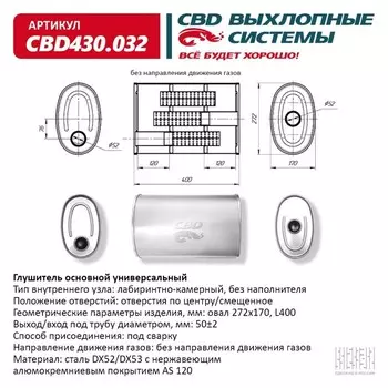 Глушитель основной универсальный CBD430.032, нерж. сталь, овал D272х170, L400