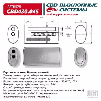 Глушитель основной универсальный CBD430.045, нерж. сталь, овал D272х170, L520