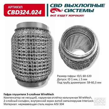 Гофра глушителя 3х-сл. WIRE MESH 60-120