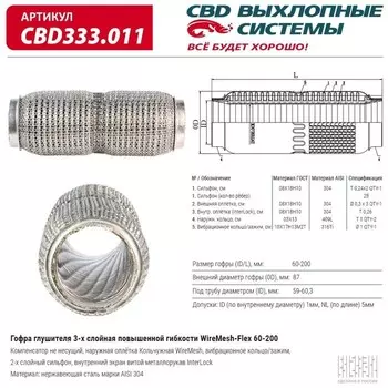 Гофра глушителя повышенной гибкости WireMesh-Flex 60-200