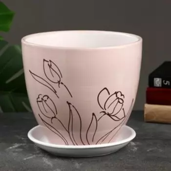 Горшок для цветов «Цветы», керамический, с поддоном, 5 л, бежево-розовый