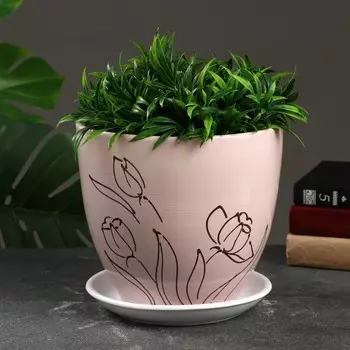 Горшок для цветов «Цветы», керамический, с поддоном, 5 л, бежево-розовый