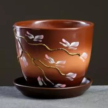 Горшок для цветов «Миндаль», керамический, с поддоном, 1 л, коричневый