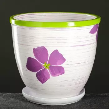 Горшок цветочный с поддоном 8л, белый с рисунком, "Поляна" (М)