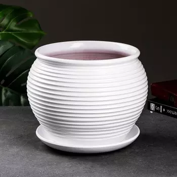 Горшок цветочный с поддоном 6,5 л, белый керамика, "Сатурн" (М)