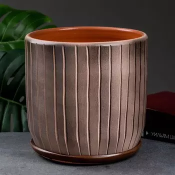 Горшок цветочный с поддоном 6 л, коричневый керамика, "Вертикаль" (М)