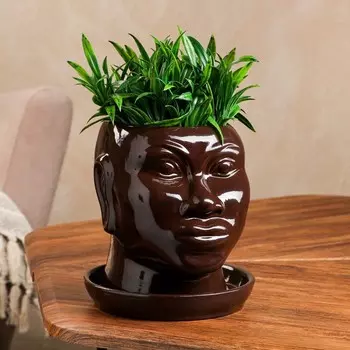 Горшок для цветов "Голова африканки", глазурь, коричневое, керамика, 1.4 л