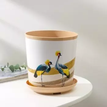 Горшок для цветов с поддоном Доляна «Каракум. Венценосный журавль», 1.6 л, d=14 см, h=15.5 см, пластиковый, белый/бежевый