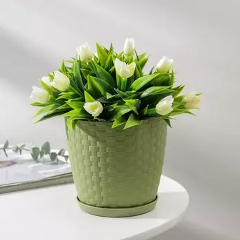 Горшок для цветов с поддоном «Петропласт. Ротанг», 1.2 л, пластиковый, оливковый