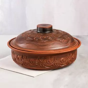 Горшок духовой с крышкой "Сковородка", декор, красная глина, 28 см, 2.5 л, микс