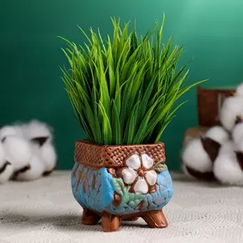 Горшок керамический на ножках, 120 мл, 666 см, коричнево-голубой