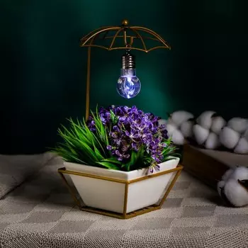 Горшок на подставке с синей подсветкой, керамический, 270 мл, 221010 см, на батарейках AG3 (3 шт. в комплекте), белый на золотой подставке