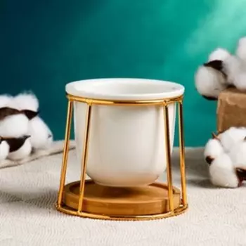 Горшок для цветов «Сосуд» керамический, 250 мл, 1110 см, белый, с деревянным поддоном, на золотистой металлической подставке