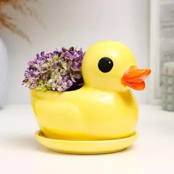 Горшок для цветов «Утка Кря» керамический, с поддоном, 300 мл, 111612 см, жёлтый