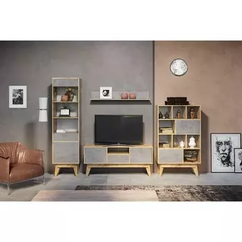 Гостиная «Хелен 2», комод, шкаф-витрина, тумба ТВ, полка, дуб вотан/бетон чикаго