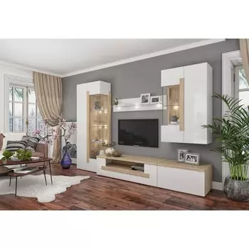 Гостиная «Куба 1», шкаф-витрина, тумба ТВ, тумба, шкаф-витрина, дуб сонома/белый