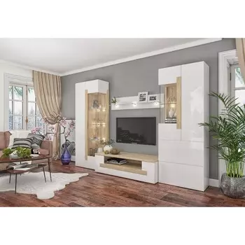 Гостиная «Куба 2», шкаф-витрина 1701 и 1704, тумба ТВ, полка, дуб сонома / белый