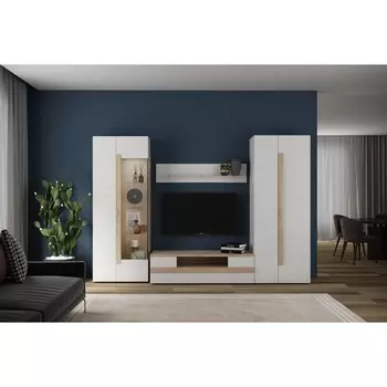 Гостиная «Куба 7», шкаф-витрина, шкаф 1703, тумба ТВ, полка, дуб сонома / белый