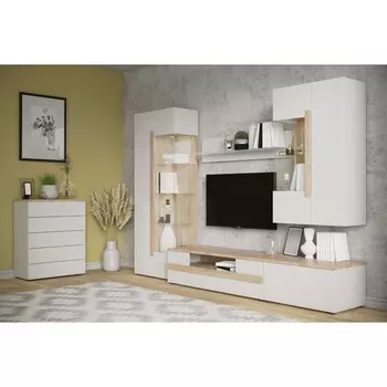 Гостиная «Куба 9», шкаф-витрина, витрина, тумба ТВ, тумба, дуб сонома / белый