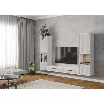 Гостиная Лена-9, 2182х296х1382, Белый брилл/Камень бетон