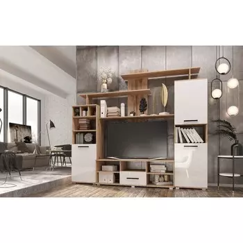 Гостиная «Мини 2», 23544502152 мм, цвет белый глянец холодный / дуб крафт