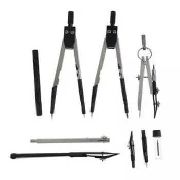 Готовальня 9 предметов: 3 циркуля, 2 рейсфедера, 3 удлинителя, грифель, центрик, в пластиковом пенале