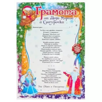 Грамота " от Деда Мороза и Снегурочки" сова, А4