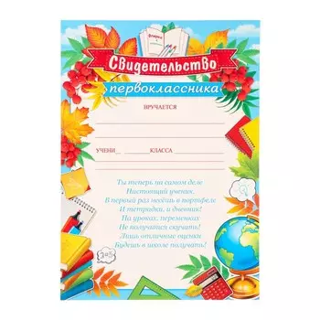 Грамота "Свидетельство первоклассника" глобус, книги, 21,6х30см